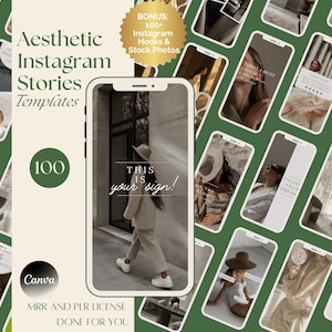 May include: A collection of 100 aesthetic Instagram story templates in a green and beige color scheme. The templates feature various images and text overlays, including the text "This is your sign!" and "Follow your dream".