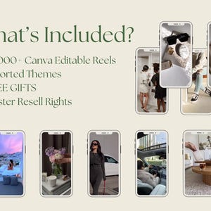 May include: A collage of images showcasing various phone screen mockups with different themes, including fashion, travel, and lifestyle. The text "What's Included?" is displayed at the top of the image, followed by a list of bullet points: "10,000+ Canva Editable Reels", "Assorted Themes", "FREE GIFTS", and "Master Resell Rights".
