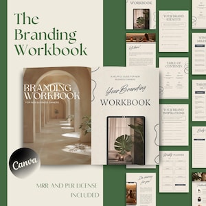 May include: A branding workbook with a beige and brown color scheme. The cover features a photo of an arched hallway with light streaming in. The title "Branding Workbook" is written in a bold, serif font. The text "MRR and PLR License Included" is written in a smaller font below the title.
