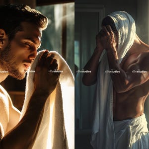 May include: Two men are shown in the image. The man on the left is wearing a white towel and is wiping his face. The man on the right is wearing a white towel wrapped around his waist and is looking down. Both men are shirtless and have a muscular build.