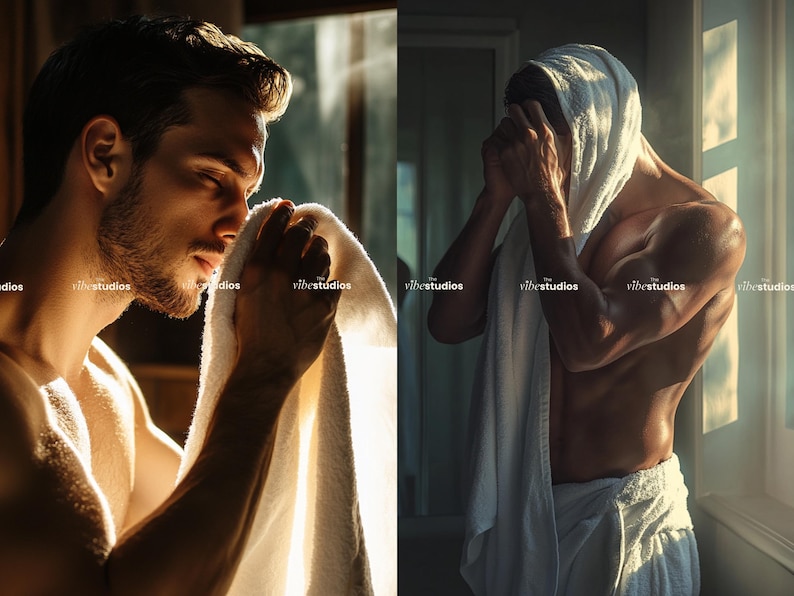 May include: Two men are shown in the image. The man on the left is wearing a white towel and is wiping his face. The man on the right is wearing a white towel wrapped around his waist and is looking down. Both men are shirtless and have a muscular build.