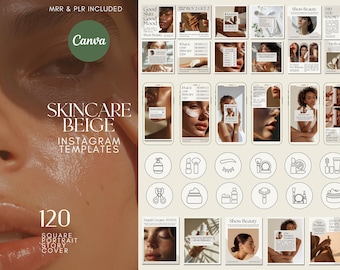 Plantillas de Instagram para el cuidado de la piel, publicaciones en Canva, historias y portadas destacadas para marcas de belleza, MRR PLR, kit de redes sociales estético beige, esteticista