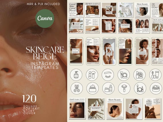 Skincare Instagram Templates Canva Posts Stories and Highlight Covers for Beauty Brands MRR PLR Beige Aesthetic Social Media Kit Esthetician