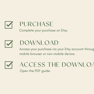 Pu&ograve; includere: Un elenco di controllo con tre passaggi per acquistare e accedere a un download digitale su Etsy. I passaggi sono: Acquista, Scarica e Accedi al download. L'elenco di controllo include i segni di spunta accanto a ogni passaggio.