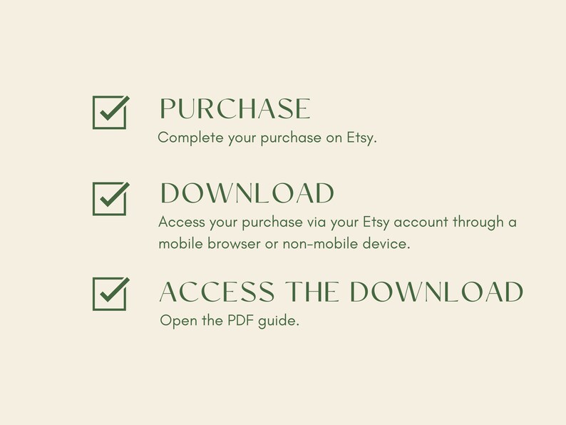 Pu&ograve; includere: Un elenco di controllo con tre passaggi per acquistare e accedere a un download digitale su Etsy. I passaggi sono: Acquista, Scarica e Accedi al download. L'elenco di controllo include i segni di spunta accanto a ogni passaggio.