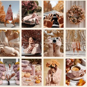 Puede incluir: Un collage de im&aacute;genes con una est&eacute;tica c&aacute;lida y oto&ntilde;al. Las im&aacute;genes presentan personas con atuendos elegantes, calabazas, flores y un coche vintage, todo en una paleta de rosas suaves, cremas y naranjas. El tema general es la moda y el estilo de vida oto&ntilde;al.