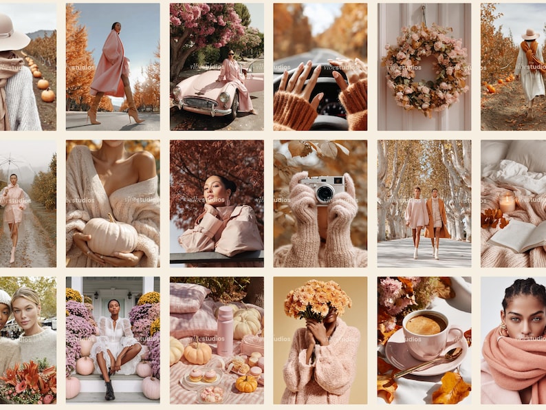 Puede incluir: Un collage de im&aacute;genes con una est&eacute;tica c&aacute;lida y oto&ntilde;al. Las im&aacute;genes presentan personas con atuendos elegantes, calabazas, flores y un coche vintage, todo en una paleta de rosas suaves, cremas y naranjas. El tema general es la moda y el estilo de vida oto&ntilde;al.