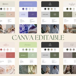 May include: A set of 10 Canva editable brand identity templates. Each template features a different colour palette and logo design. The templates include a colour palette, logo, and font choices. The templates are perfect for businesses looking to create a cohesive brand identity.