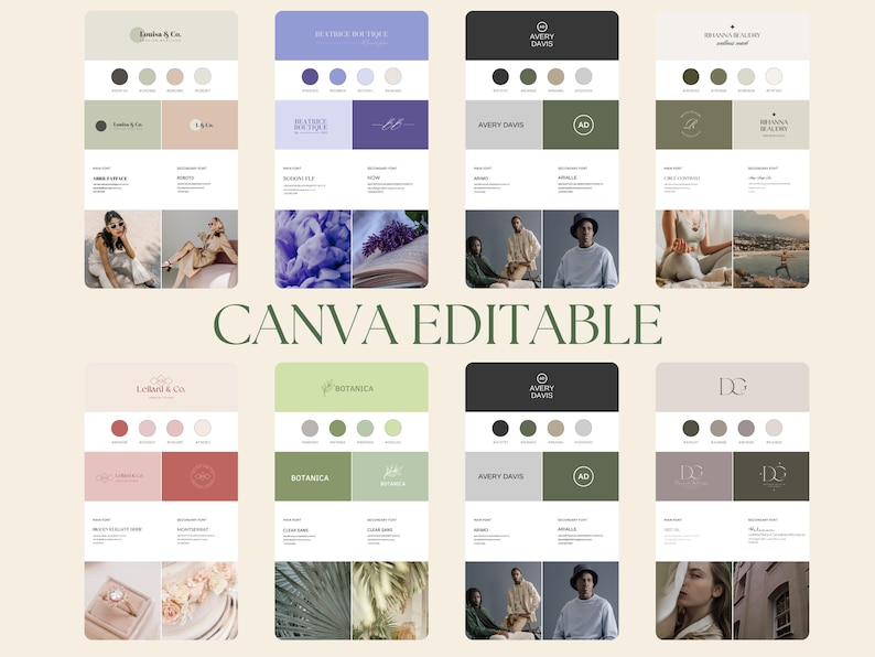 May include: A set of 10 Canva editable brand identity templates. Each template features a different colour palette and logo design. The templates include a colour palette, logo, and font choices. The templates are perfect for businesses looking to create a cohesive brand identity.