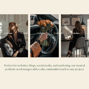 Pu&ograve; includere: Tre immagini che mostrano un'estetica minimalista. La prima immagine mostra una persona seduta su una sedia con un blazer nero. La seconda immagine mostra un mazzo di tulipani arancioni in un'auto. La terza immagine mostra una persona seduta a una scrivania con un blazer nero.
