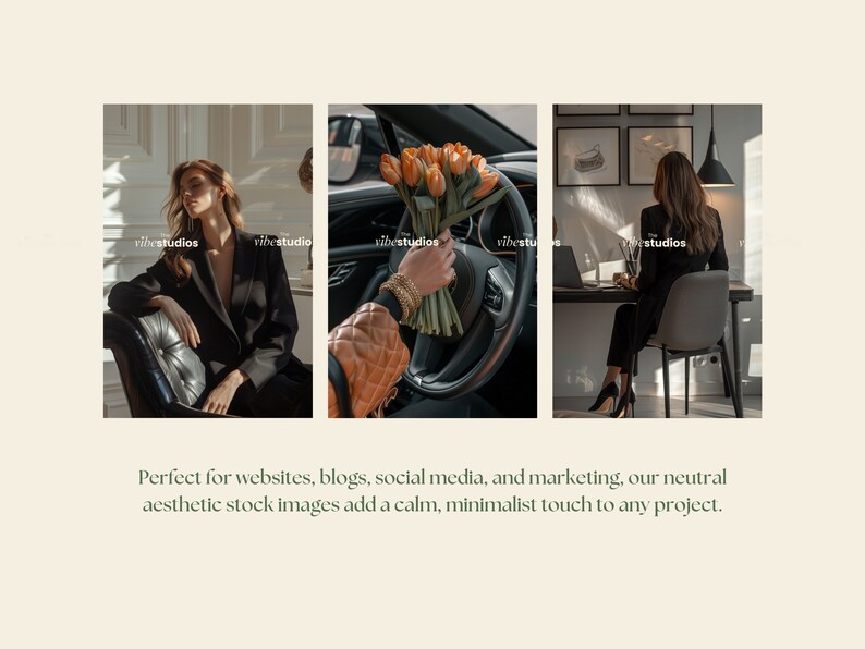 Pu&ograve; includere: Tre immagini che mostrano un'estetica minimalista. La prima immagine mostra una persona seduta su una sedia con un blazer nero. La seconda immagine mostra un mazzo di tulipani arancioni in un'auto. La terza immagine mostra una persona seduta a una scrivania con un blazer nero.