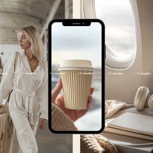 May include: A woman in a white outfit walks with a suitcase in an airport. A phone displays a close-up of a beige paper coffee cup with a white lid. Beside the phone are white headphones and a stack of books.