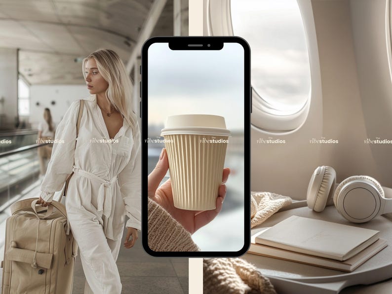 May include: A woman in a white outfit walks with a suitcase in an airport. A phone displays a close-up of a beige paper coffee cup with a white lid. Beside the phone are white headphones and a stack of books.