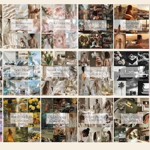 K&ouml;nnte beinhalten: Eine Collage aus 20 verschiedenen Moodboards, jedes mit einem einzigartigen Thema und einer Farbpalette. Die Themen umfassen "Editorial Collection", "Beige Ambiance Collection", "Pink Coquette Collection", "Dark Academia Collection", "Desert Dusk Collection", "Cottagecore Collection", "Minimalist Faceless Collection", "Soi Blue Collection", "Neutral Aesthetic Collection", "Beige Ambiance Collection", "Moody Noir Collection", "90's Throwback Collection", "Purple Haze Collection", "Sunlit Yellow Collection", "Old Money Collection", "Melanin Neutral Collection", "Olive Green Collection" und "Golf Collection".