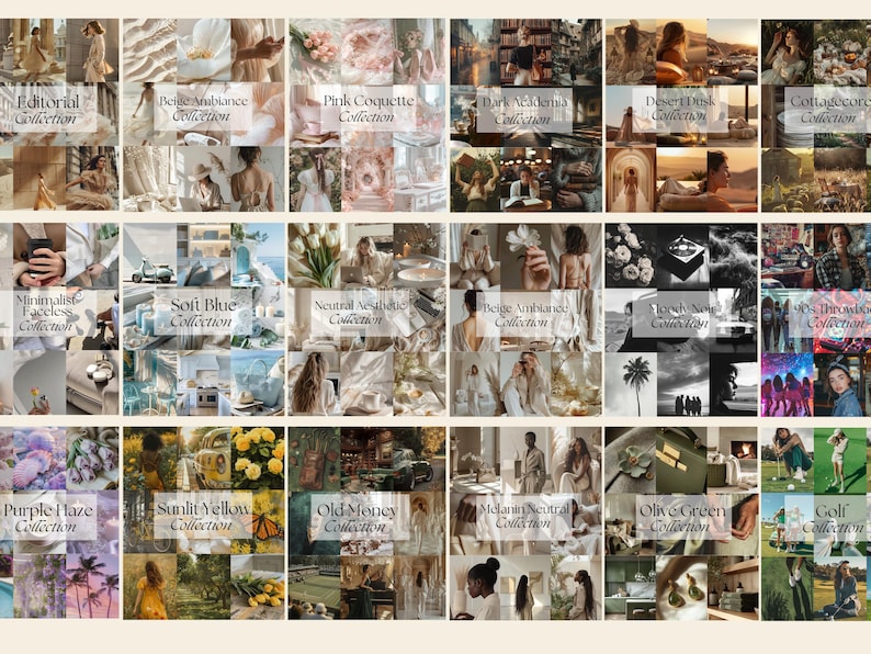 K&ouml;nnte beinhalten: Eine Collage aus 20 verschiedenen Moodboards, jedes mit einem einzigartigen Thema und einer Farbpalette. Die Themen umfassen "Editorial Collection", "Beige Ambiance Collection", "Pink Coquette Collection", "Dark Academia Collection", "Desert Dusk Collection", "Cottagecore Collection", "Minimalist Faceless Collection", "Soi Blue Collection", "Neutral Aesthetic Collection", "Beige Ambiance Collection", "Moody Noir Collection", "90's Throwback Collection", "Purple Haze Collection", "Sunlit Yellow Collection", "Old Money Collection", "Melanin Neutral Collection", "Olive Green Collection" und "Golf Collection".