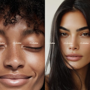 May include: A split image featuring two women. The left side shows a woman with closed eyes, freckles, and curly hair. The right side shows a woman with long, dark hair and brown eyes. The text "vibestudios" is repeated across the image.