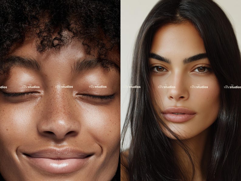 May include: A split image featuring two women. The left side shows a woman with closed eyes, freckles, and curly hair. The right side shows a woman with long, dark hair and brown eyes. The text "vibestudios" is repeated across the image.