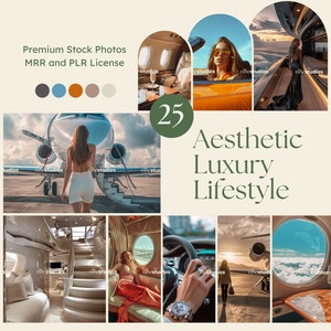May include: A collage of 25 images showcasing a luxurious lifestyle. The images feature private jets, luxury cars, stylish interiors, and fashionable people. The text "Aesthetic Luxury Lifestyle" is prominently displayed.