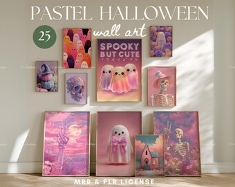 Puede incluir: Una colección de arte mural de Halloween en tonos pastel. Las obras de arte incluyen imágenes de fantasmas, esqueletos, calabazas y calaveras en tonos rosas, morados y naranjas suaves. La frase "SPOOKY BUT CUTE" es visible en una de las impresiones. La colección se titula "PASTEL HALLOWEEN wall art".