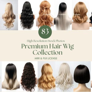 Op de afbeelding: Een verzameling premium haar pruiken in diverse stijlen en kleuren, waaronder zwart, blond en bruin. De afbeelding toont meerdere pruiken met verschillende lengtes en texturen, die een breed scala aan haaropties laten zien. De tekst "Premium Hair Wig Collection" is ook zichtbaar.