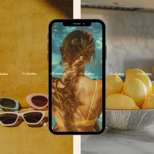 May include: A smartphone displaying a photo of a person with long blonde hair in a braid, wearing a yellow swimsuit, and swimming in a pool. The phone is on a white surface next to a bowl of lemons.
