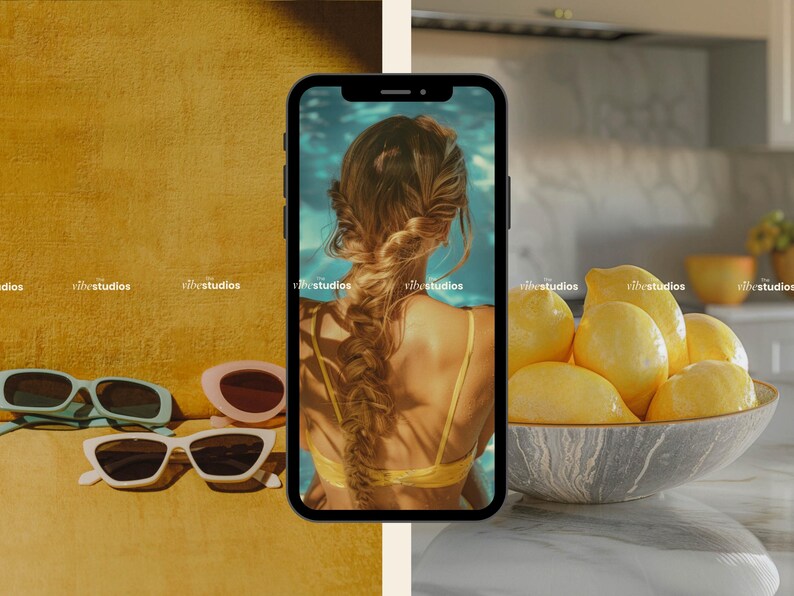 May include: A smartphone displaying a photo of a person with long blonde hair in a braid, wearing a yellow swimsuit, and swimming in a pool. The phone is on a white surface next to a bowl of lemons.