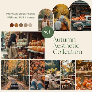 May include: A collage of 50 autumn aesthetic stock photos with a variety of scenes, including a pumpkin patch, a fall forest, a cozy cabin, and a cup of coffee. The text "Autumn Aesthetic Collection" is displayed in the center of the image.