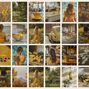May include: A collage of images featuring yellow flowers, lemons, a yellow car, a woman in a yellow dress, and a cup of coffee. The images are arranged in a grid pattern and have a vintage aesthetic.