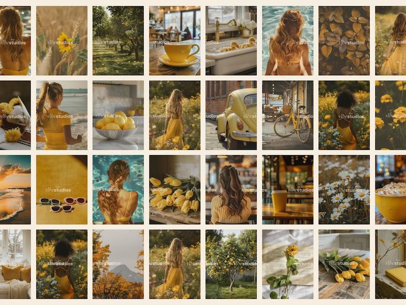 May include: A collage of images featuring yellow flowers, lemons, a yellow car, a woman in a yellow dress, and a cup of coffee. The images are arranged in a grid pattern and have a vintage aesthetic.