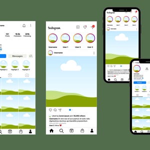Puede incluir: Una captura de pantalla de una p&aacute;gina de perfil de Instagram con una imagen de paisaje verde y azul. El perfil tiene 131 publicaciones, 10,5&nbsp;k seguidores y 201 seguidos. El nombre del perfil es "Username" y la biograf&iacute;a dice "Description line one Description line two Links to product". El perfil tiene cuatro destacados: Highlight 1, Highlight 2, Highlight 3 y Highlight 4. El perfil tambi&eacute;n incluye una publicaci&oacute;n con una imagen de paisaje verde y azul y el texto "Liked by lorempuan and 52,500 others Username At vero eos et accusamustusto odio dignissimos ducimus qui blanditiis praesentium".