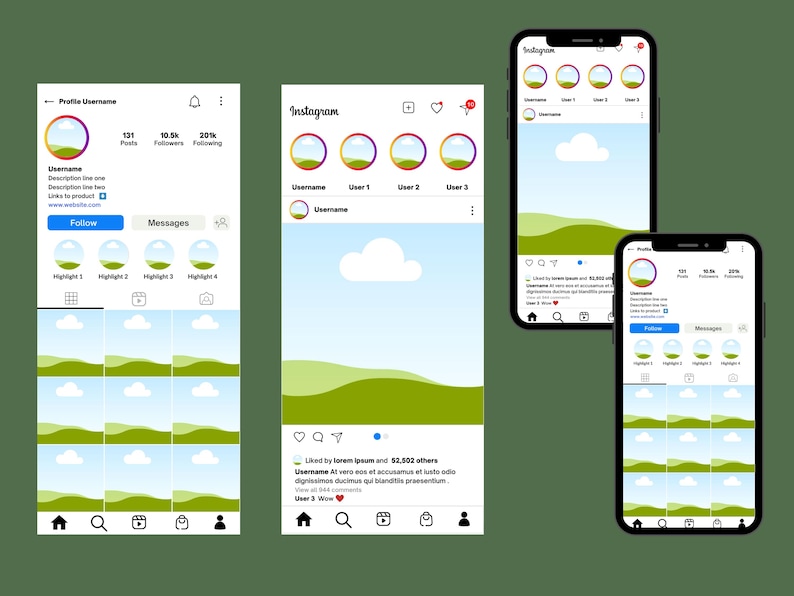 Puede incluir: Una captura de pantalla de una p&aacute;gina de perfil de Instagram con una imagen de paisaje verde y azul. El perfil tiene 131 publicaciones, 10,5&nbsp;k seguidores y 201 seguidos. El nombre del perfil es "Username" y la biograf&iacute;a dice "Description line one Description line two Links to product". El perfil tiene cuatro destacados: Highlight 1, Highlight 2, Highlight 3 y Highlight 4. El perfil tambi&eacute;n incluye una publicaci&oacute;n con una imagen de paisaje verde y azul y el texto "Liked by lorempuan and 52,500 others Username At vero eos et accusamustusto odio dignissimos ducimus qui blanditiis praesentium".