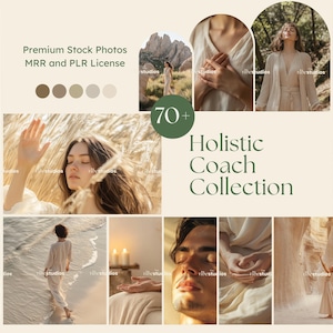 Peut inclure: Un collage d'images représentant des personnes dans différentes poses, notamment la méditation, le yoga et la relaxation. Les images sont toutes dans une palette de couleurs neutres beige et blanc, avec un texte superposé vert et blanc qui lit "70+ Holistic Coach Collection".