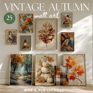 Puede incluir: Colección de grabados de arte mural vintage de otoño. Los grabados presentan ilustraciones botánicas de flores, hojas y paisajes en tonos cálidos y terrosos. El texto "VINTAGE AUTUMN wall art" está en la parte superior.