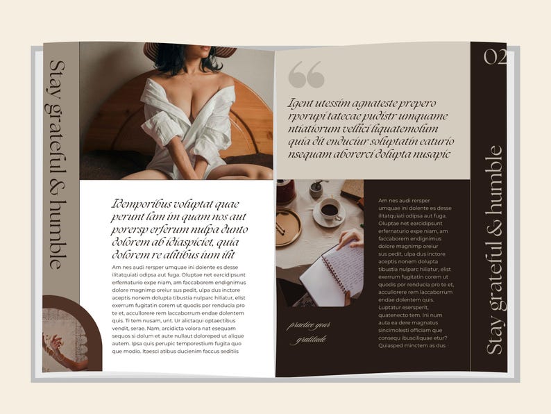 May include: A magazine spread with a woman in a white shirt and a hat, along with text. The text includes the phrases "Stay grateful & humble" and "practice your gratitude."