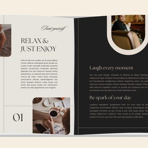 May include: Open book with a cream-colored background. The left page has the text "RELAX & JUST ENJOY" and "How to stay relaxed?" The right page has the text "Laugh every moment" and "Be spark of your day."