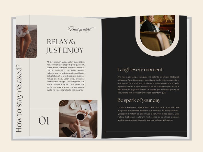 May include: Open book with a cream-colored background. The left page has the text "RELAX & JUST ENJOY" and "How to stay relaxed?" The right page has the text "Laugh every moment" and "Be spark of your day."