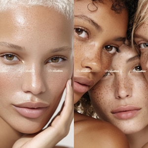 May include: A split image featuring close-up portraits of three women with diverse skin tones. The women have freckles and are looking at the camera. The image has the text "r/h studios" in the bottom left and right corners.