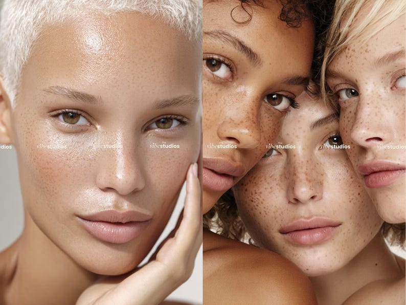 May include: A split image featuring close-up portraits of three women with diverse skin tones. The women have freckles and are looking at the camera. The image has the text "r/h studios" in the bottom left and right corners.