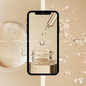 May include: A smartphone displaying a close-up image of a clear glass bottle with a dropper, surrounded by water droplets on a beige background.