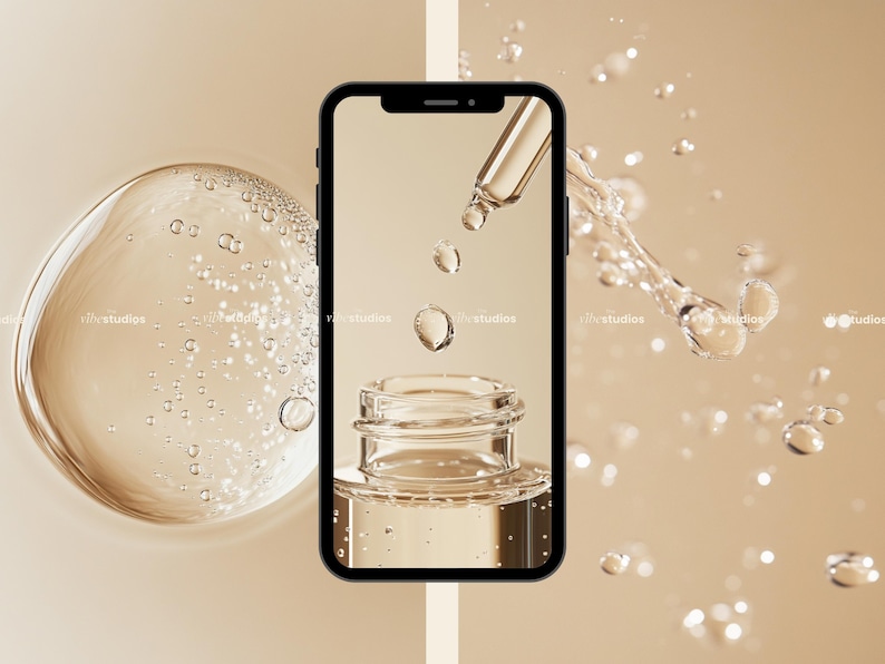 May include: A smartphone displaying a close-up image of a clear glass bottle with a dropper, surrounded by water droplets on a beige background.