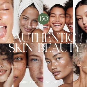 Könnte beinhalten: Eine Collage verschiedener Gesichter, die authentische Hautschönheit zeigen. Das Bild zeigt eine Vielzahl von Hauttönen und Gesichtsausdrücken, mit dem Text "AUTHENTIC SKIN BEAUTY" und "150 PREMIUM STOCK PHOTOS". Der Text "MRR AND PLR INCLUDED" ist ebenfalls enthalten.