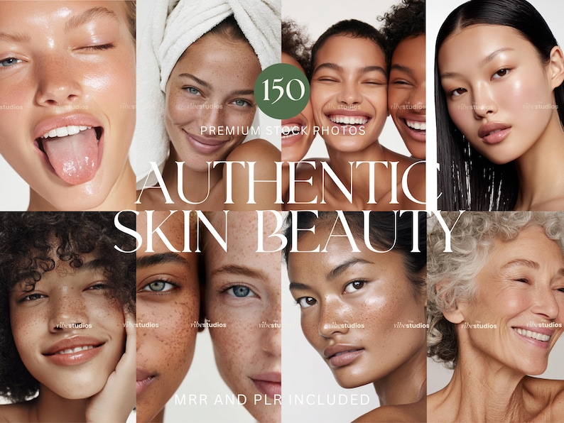 May include: A collage of diverse faces showcasing authentic skin beauty. The image features a variety of skin tones and expressions, with the text "AUTHENTIC SKIN BEAUTY" and "150 PREMIUM STOCK PHOTOS" overlaid. The image also includes the text "MRR AND PLR INCLUDED".