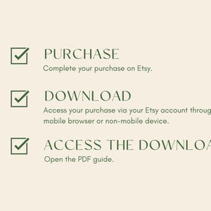 May include: A checklist with three steps for downloading a digital product on Etsy: Purchase, Download, Access the Download. Open the PDF guide.