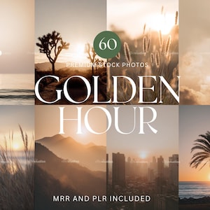 Può includere: Un collage di sei immagini con paesaggi dell'ora d'oro. Le immagini includono un tramonto sull'oceano, un albero di Giosuè al tramonto, erba alta con il sole dietro, un tramonto nuvoloso, una catena montuosa al tramonto e uno skyline cittadino al tramonto. Il testo recita "60 PREMIUM STOCK PHOTOS GOLDEN HOUR MRR AND PLR INCLUDED."