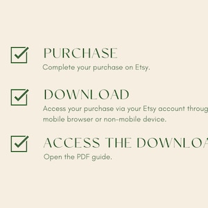 K&ouml;nnte beinhalten: Eine Checkliste mit drei Schritten zum Zugriff auf einen digitalen Download: Kaufen, Herunterladen und Zugriff auf den Download. Die Schritte werden durch H&auml;kchen in gr&uuml;nen K&auml;stchen veranschaulicht.