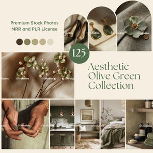 May include: A collage of 125 aesthetic olive green stock photos. The images include a variety of textures, patterns, and objects, such as fabric, flowers, jewellery, and home decor. The text "Aesthetic Olive Green Collection" is displayed in the centre of the collage.