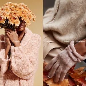 Puede incluir: Una persona con una rebeca de punto rosa claro y un ramo de flores naranjas. El otro lado de la imagen muestra a una persona con un su&eacute;ter beige claro, un reloj plateado y guantes rosa claro.
