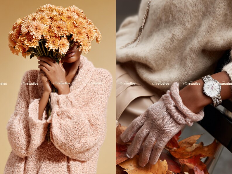 Puede incluir: Una persona con una rebeca de punto rosa claro y un ramo de flores naranjas. El otro lado de la imagen muestra a una persona con un su&eacute;ter beige claro, un reloj plateado y guantes rosa claro.