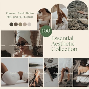 以下が含まれることがあります： さまざまなシーンをフィーチャーした100枚の美的ストック写真のコラージュ。白いトップを着た女性、タオルを頭に巻いた女性、ビーチのシーン、焚き火など。コラージュの中央には「100 Essential Aesthetic Collection」というテキストが表示されています。