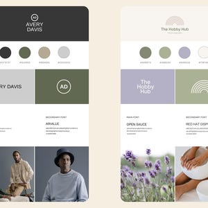 May include: Brand identity design guide featuring colour palettes, fonts, and logo variations for Avery Davis and The Hobby Hub. The Avery Davis logo is a simple black circle with the initials "AD" inside. The Hobby Hub logo is a rainbow arch with the text "The Hobby Hub" below it.